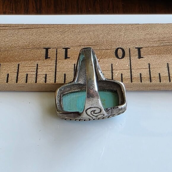 Vintage Silver Turquoise Ring 8 Engrave Twisted Rope Southwestern Santa Fe 925 - Picture 7 of 8